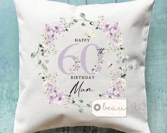Personalised Happy Birthday Gift Age Milestone  18 21 30 40 50 60 70 80 90 lilac Floral Design Home Linen Style Cushion Friend gift