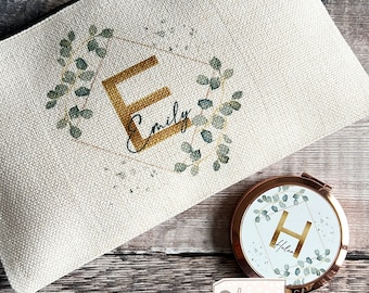 Personalised Name and initial Geometric Greenery Floral Design Linen style Fabric Make up Bag Birthday gift for her mum sister friend
