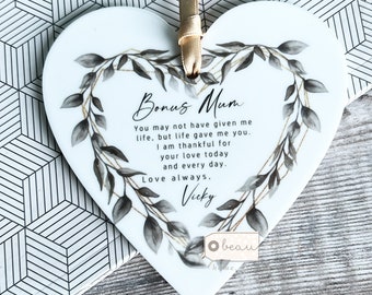 Personalised Bonus Mum Mom Stepmum stepmom Like a mum Thank you Quote Greenery Acrylic Heart Ornament Wedding Keepsake