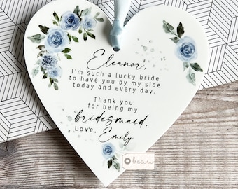 Personalised Thank you Bridesmaid Flower Girl Maid of Honour Pale blue Greenery Design Acrylic Heart Decoration Ornament Wedding Keepsake