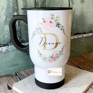 Personalised Gift Name pink Floral Travel Thermal Mug Gift for her Mum Sister Auntie Friend