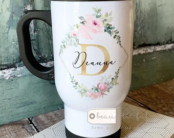 Personalised Gift Name pink Floral Travel Thermal Mug Gift for her Mum Sister Auntie Friend