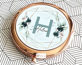 Personalised Name and initial Blue Navy Blush Floral Greenery Round Rose Gold Silver Compact Pocket Mirror Keepsake Bridesmaid Gift