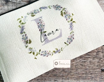 Personalised Name and initial lilac wreath Floral Design Linen style Fabric Make up Bag Birthday gift for her mum sister friend