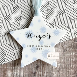 Personalised Baby gift Baby’s First Christmas Snowflake Design Nordic Style Ceramic or Acrylic Star Ornament Keepsake