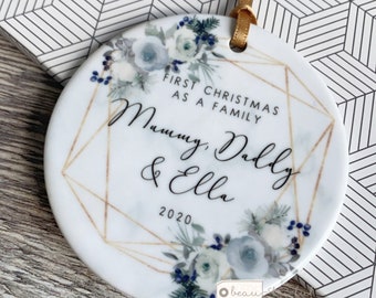 Personalised First Christmas as a family Mummy Daddy New Baby Christmas Floral Design Ceramic Round Ornament Keepsake