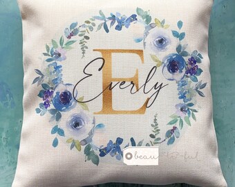Personalised Name and initial  Blue Grey Floral Design Home Quote Linen Style Cushion cover