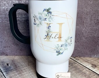 Personalised Name and Initial blue winter white floral Design Travel Mug