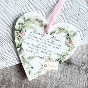 Personalised Bonus Mum Mom Stepmum stepmom Like a mum Thank you Quote Greenery Acrylic Heart Ornament Wedding Keepsake