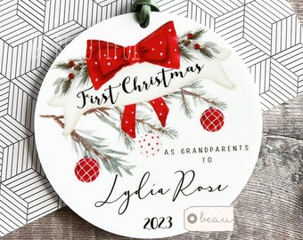 Personalised First Christmas as Grandparents gift Gran Grandma Nanna New Baby Bauble Greenery Ceramic or acrylic Round Ornament Keepsake