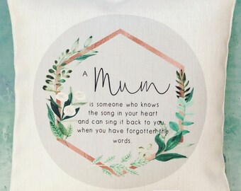 Personalised A Mum is someone who knows the song Mom Mam Gran Nanny Gift Quote Botanical Floral Design Home Quote Linen Style Cushion cover