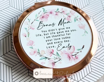 Personalised Bonus Mum Gift Mom Stepmum stepmom Like a mum Thank you Quote Greenery Round Rose gold Silver compact Pocket mirror Keepsake