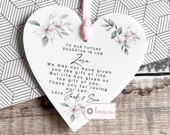 Personalised Future Wonderful Daughter in law gift Bride gift Wedding gift Greenery Wreath Acrylic Heart Decoration Ornament Keepsake