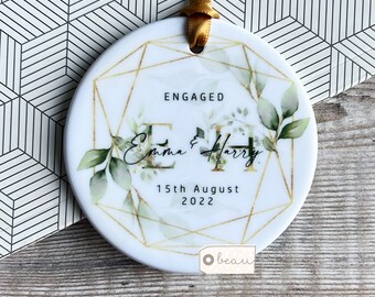 Personalised Engaged Engagement gift Foliage Greenery Leaf Ceramic or Acrylic Round Decoration Ornament Keepsake