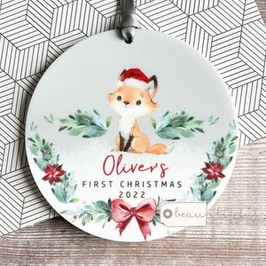 Personalised 1st Christmas Baby Babies Baby’s First Christmas Woodland Fox Signpost Design Acrylic Round Ornament Keepsake Boy child gift