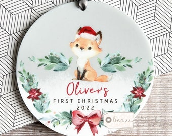 Personalised 1st Christmas Baby Babies Baby’s First Christmas Woodland Fox Signpost Design Acrylic Round Ornament Keepsake Boy child gift