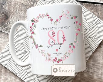 Personalised Floral Birthday Mug, Custom Age Gift, Gift for her, Milestone age gift, Mum Friend Nanny Grandma Nana gift