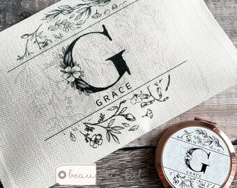 Personalised Name and initial Framed Floral monochrome Design Linen style Fabric Make up Bag Birthday gift for her mum sister friend