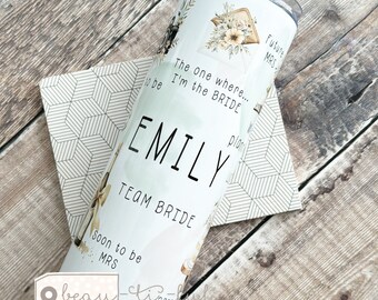 Personalised Bride to be gift Bridal shower Future Mrs gift Stainless steel skinny tumbler with straw Travel Mug hot and cold drinks flask