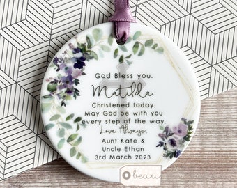 Personalised God bless you Christening Baptism Gift Godchild Baby Boy Girl Mauve floral Ceramic or Acrylic Round Ornament Keepsake