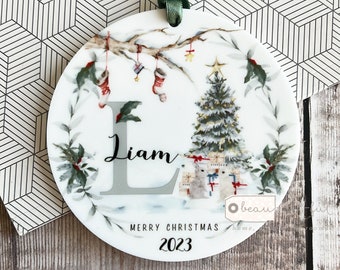 Personalised Merry Christmas Woodland scene Rabbit Tree Acrylic or ceramic Round Ornament Keepsake Tree Decoration Child boy girl gift