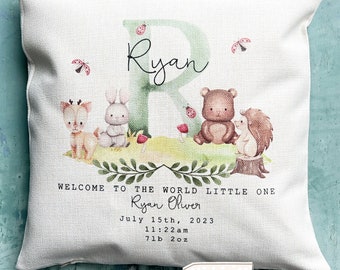 Personalised New Arrival Baby Boy Girl Gift Decor Home Woodland Animals Linen Style Cushion cover - Newborn - Birth - Baby Boy Godson Nephew
