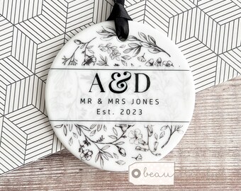 Personalised Just Married Wedding gift Names Mr & Mrs Wedding floral monochrome Ceramic or Acrylic Round Decoration Ornament Keepsake