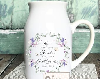 Personalised Mum, Grandma, Great Grandma gift Nanna Nanny Gran Granny Peach Floral Ceramic Small Vase Jug Mug Birthday gift Mother’s Day