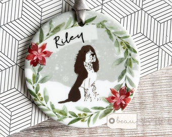 Personalised Pet ornament Christmas Dog Cat Greenery Wreath Design Acrylic or Ceramic Round Ornament Keepsake Tree Decoration