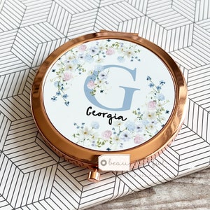 Personalised Birthday friend Female relative mum auntie gran sister gift Floral Round Rose Gold Compact Pocket Mirror Keepsake