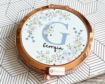 Personalised Birthday friend Female relative mum auntie gran sister gift Floral Round Rose Gold Compact Pocket Mirror Keepsake