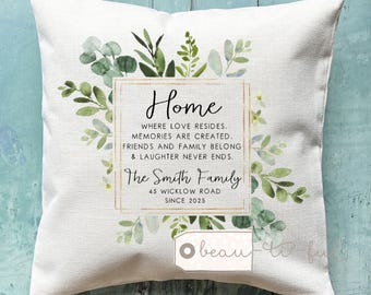 Personalised New Home Sweet Home Address New Home Housewarming Botanical Greenery Design Home Quote Linen Style Cushion New home gift