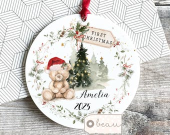 Personalised Baby Babies Baby’s First Christmas Gift Newborn Teddy Santa hat Scene Design First Bauble Ornament Keepsake New Baby