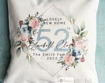 Personalised Home Sweet Home Address Quote Pale Blue Blush Floral Design Home Quote Linen Style Cushion cover