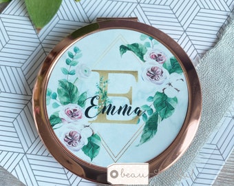 Personalised Name and Initial Pink Floral Round Rose Gold Compact Pocket Mirror Keepsake Gift for her Mum Friend