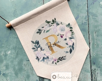 Personalised Name White pink floral Design Home Quote Linen Style Pennant Flag Room Decor
