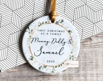 Personalised First Christmas as a family Mummy Daddy Mammy Mommy New Baby Botanical Greenery Design Ceramic Round Ornament Keepsake