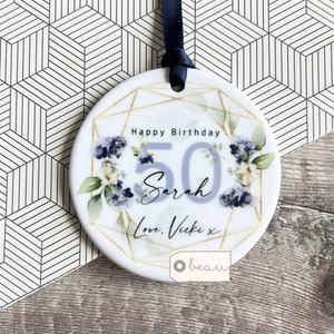 Personalised Happy Birthday gift any age Milestone 18 21 30 40 50 greenery Design Ceramic or Acrylic Round Decoration Ornament Keepsake