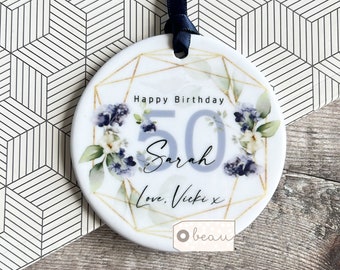 Personalised Happy Birthday gift any age Milestone 18 21 30 40 50 greenery Design Ceramic or Acrylic Round Decoration Ornament Keepsake