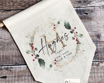 Personalised Christmas Family Names Holly Foliage Greenery Wreath Design Home Quote Linen Style Pennant Flag Room Decor