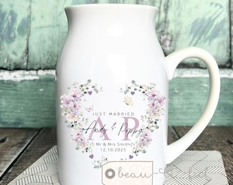 Personalised Wedding gift Anniversary gift Engagement gift Bride Groom Mr Mrs Newlywed gift Ceramic Small Vase Jug Mug Lilac flowers