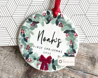 Personalised First Christmas gift Baby Boy Girl Newborn Geometric Greenery leaf Bow Design Ceramic or Acrylic Round Ornament Keepsake