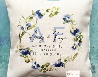Personalised Names Married Mr Mrs Home Quote Blue Floral Greenery Design Home Quote Linen Style Cushion cover Newlywed