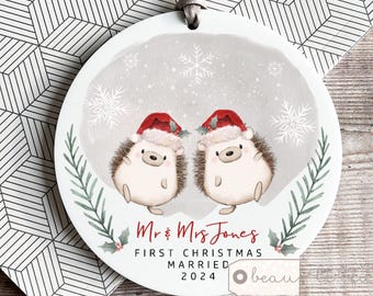 Personalised 1st First Christmas Married Wedding gift as Mr Mrs Newlywed Santa Hedgehog Greenery Acrylic or ceramic Round Ornament Keepsake