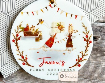 Personalised First Christmas gift Woodland scene Mouse Tree Acrylic or ceramic Round Ornament Keepsake Tree Decoration Child boy girl gift