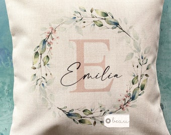 Personalised gift Name and initial Pink Greenery Wreath Design Home Quote Linen Style Cushion cover