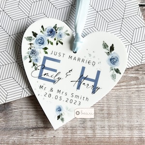 Personalised Just Married Gift Mr & Mrs Wedding Gift Newlyweds Pale blue Roses Greenery Acrylic Heart Decoration Ornament Keepsake