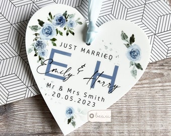 Personalised Just Married Gift Mr & Mrs Wedding Gift Newlyweds Pale blue Roses Greenery Acrylic Heart Decoration Ornament Keepsake