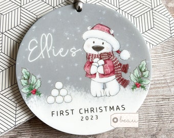 Personalised 1st First Christmas Gift Tree decoration polar bear Santa hat Acrylic or ceramic Round Ornament Keepsake Tree Decoration gift