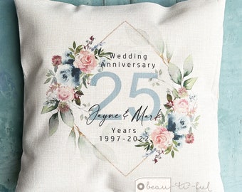 Personalised Wedding anniversary 25th 50th 1st 40th 10th Home Pale Blue Blush floral Eucalyptus Design Home Quote Linen Style Cushion cover